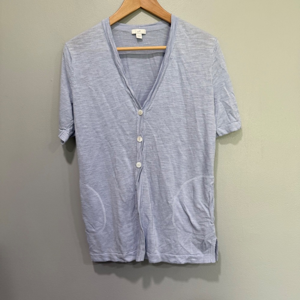 J. Jill Womens Linen Blend Short Sleeve Cardigan Sweater Blue Size S